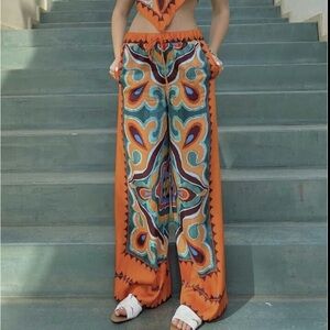 Zara Orange Multicolor Wide Leg Pants